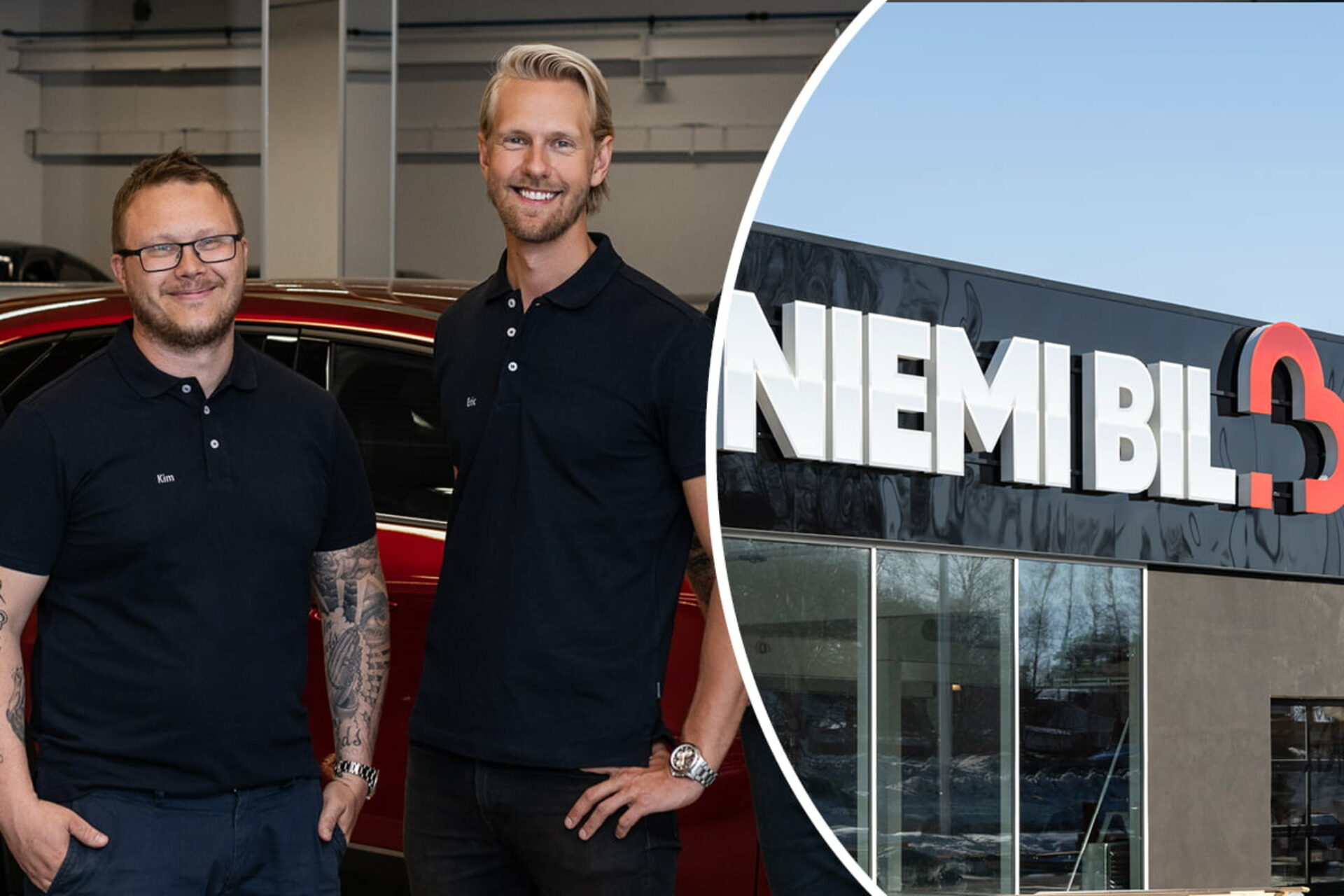 Kim Niemi و Eric Wallin بجوار موقف سيارات Niemi Bil الجديد في Spantgatan 8 في Luleå.